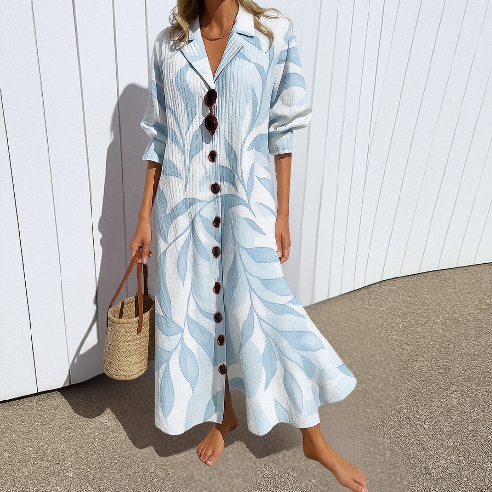 Blush & Bay Toronto Elegant Blue and White Leaf Print Dress